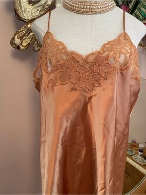 Lace-Trim Satin Chemise in Copper Tan